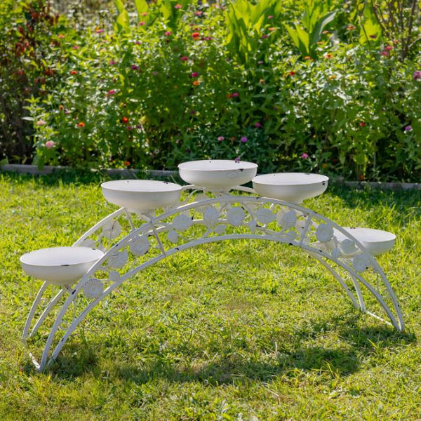 Bridge-Like Iron Plant Stand Arches with Five Planters 5ft. Long