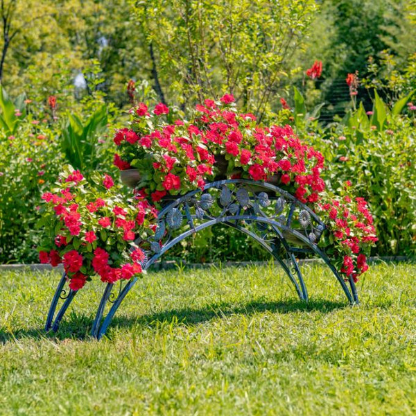 Bridge-Like Iron Plant Stand Arches with Five Planters 5ft. Long