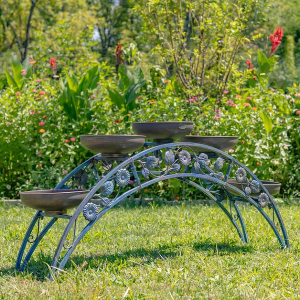 Bridge-Like Iron Plant Stand Arches with Five Planters 5ft. Long