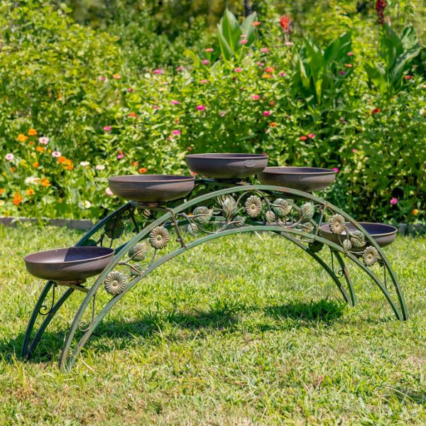 Bridge-Like Iron Plant Stand Arches with Five Planters 5ft. Long