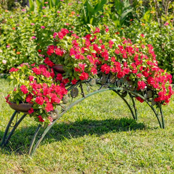 Bridge-Like Iron Plant Stand Arches with Five Planters 5ft. Long