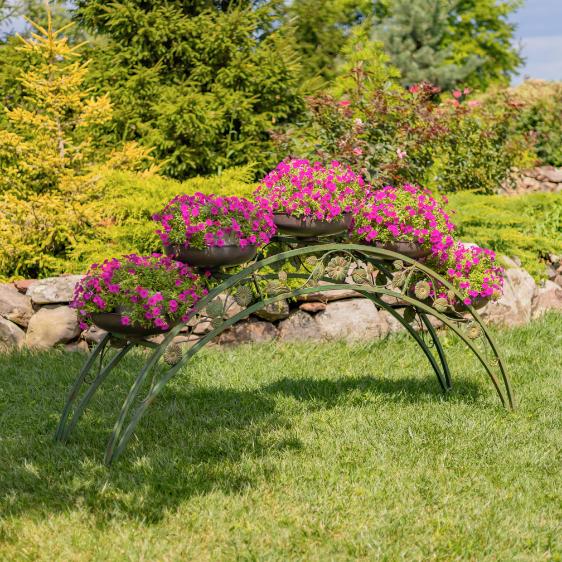 Bridge-Like Iron Plant Stand Arch with Five Planters in Antique Green 6.6ft. Long