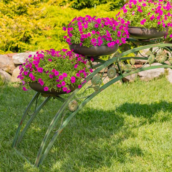 Bridge-Like Iron Plant Stand Arch with Five Planters in Antique Green 6.6ft. Long