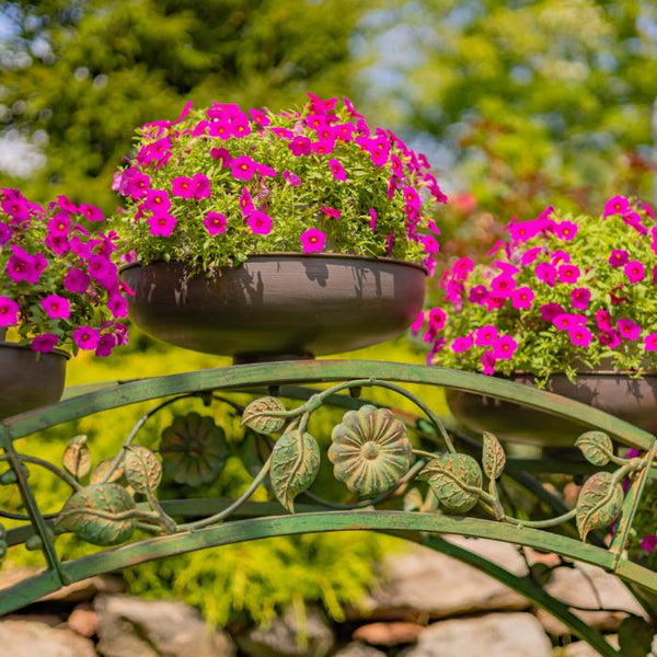Bridge-Like Iron Plant Stand Arch with Five Planters in Antique Green 6.6ft. Long