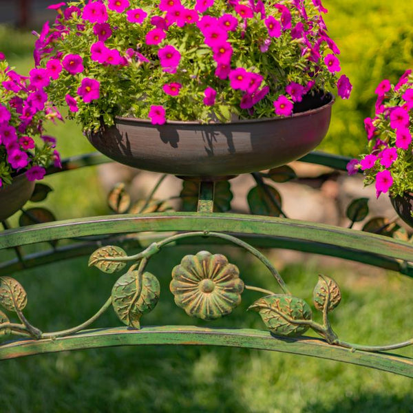 Bridge-Like Iron Plant Stand Arch with Five Planters in Antique Green 6.6ft. Long