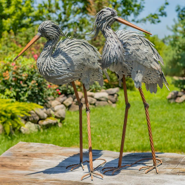 Set of 2 Great Blue Heron Big Bird Metal Outdoor Figurines