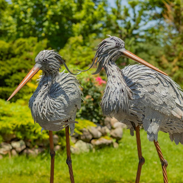 Set of 2 Great Blue Heron Big Bird Metal Outdoor Figurines