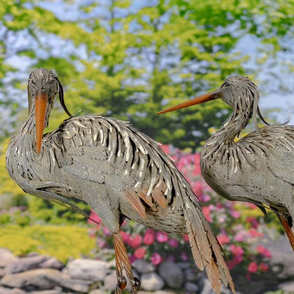 Set of 2 Great Blue Heron Big Bird Metal Outdoor Figurines