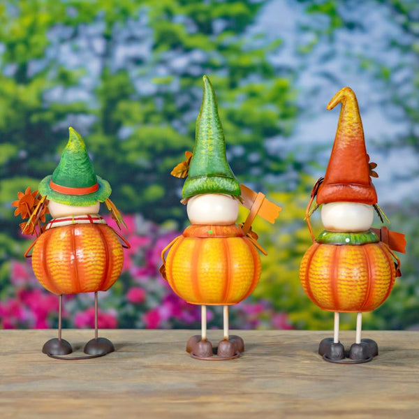 Set of 3 Cute Metal Pumpkin Scarecrow Figurines "Tatters, Stitches, & Patches"