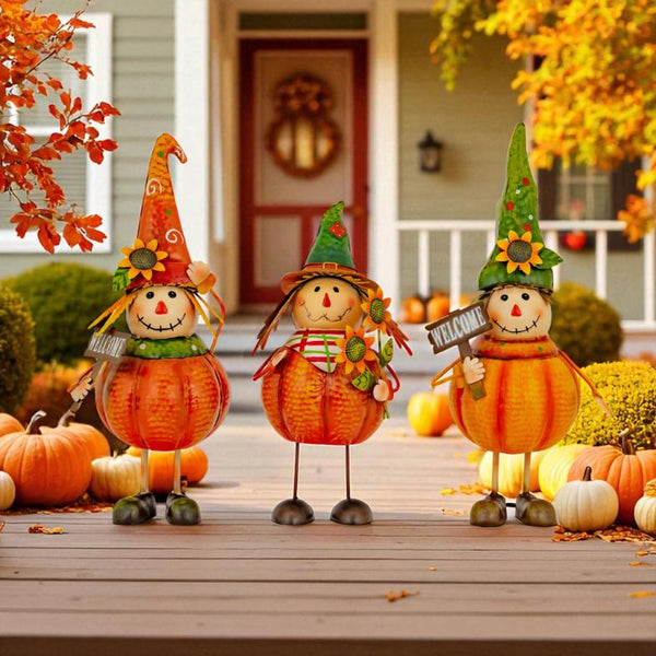 Set of 3 Cute Metal Pumpkin Scarecrow Figurines "Tatters, Stitches, & Patches"