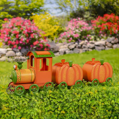Iron Pumpkin Train with 2 Carts Decoration "Pumpkin Express" 3 FT Long