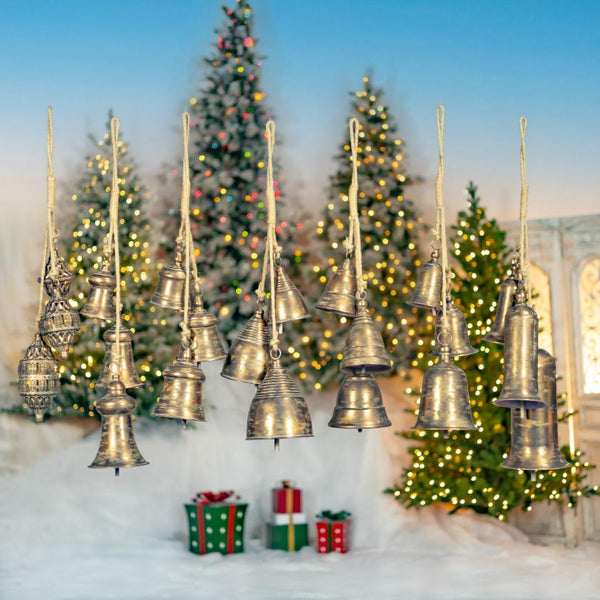 Set of 7 Hanging Three-Piece Christmas Bell Cluster Decorations in Antique Silver