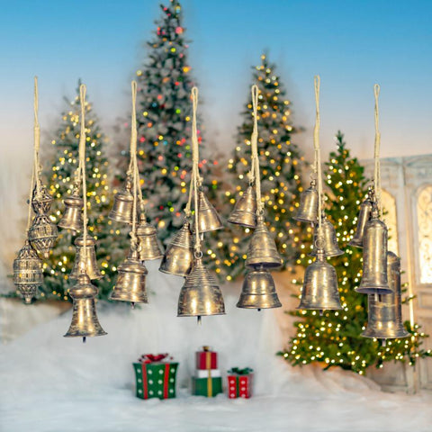 Set of 7 Hanging Three-Piece Christmas Bell Cluster Decorations in Antique Silver