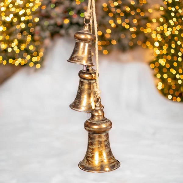 Set of 7 Hanging Three-Piece Christmas Bell Cluster Decorations in Antique Silver