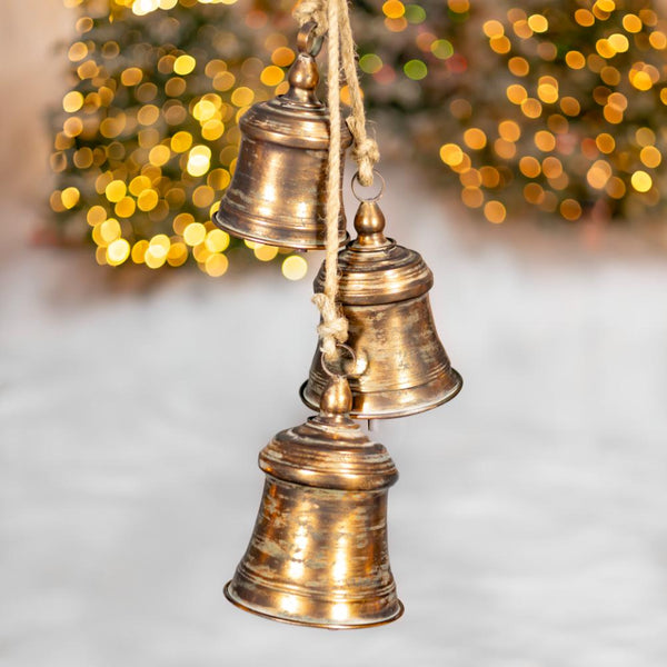 Set of 7 Hanging Three-Piece Christmas Bell Cluster Decorations in Antique Silver