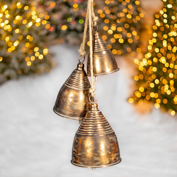 Set of 7 Hanging Three-Piece Christmas Bell Cluster Decorations in Antique Silver