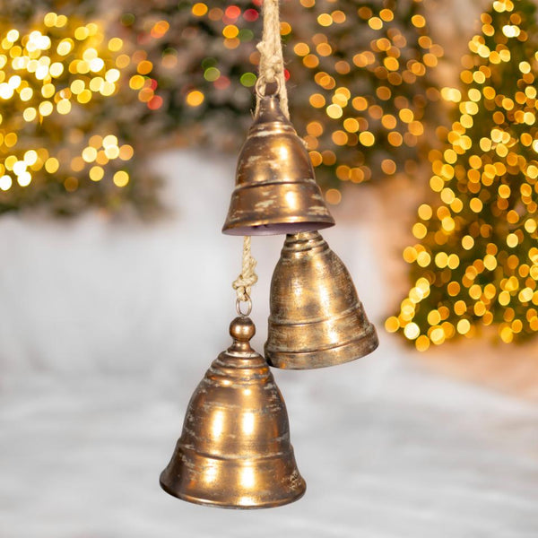 Set of 7 Hanging Three-Piece Christmas Bell Cluster Decorations in Antique Silver