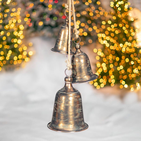 Set of 7 Hanging Three-Piece Christmas Bell Cluster Decorations in Antique Silver