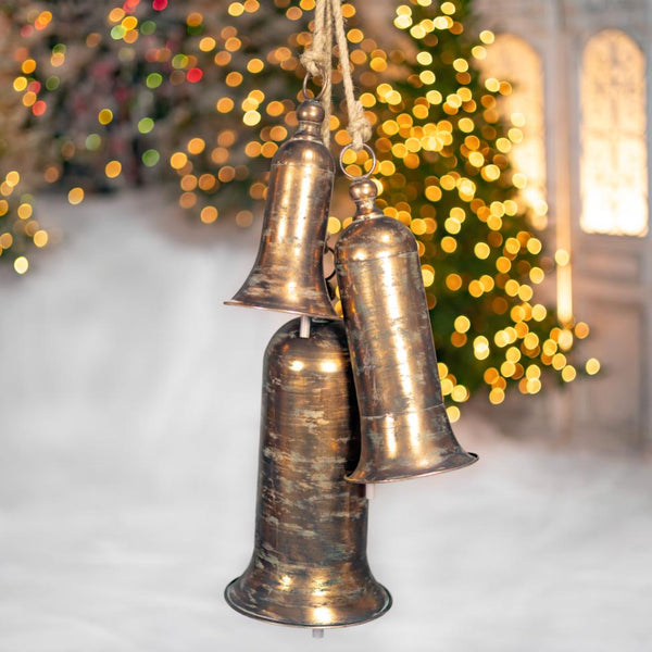 Set of 7 Hanging Three-Piece Christmas Bell Cluster Decorations in Antique Silver