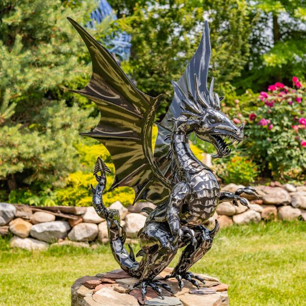 Ferocious Metal Dragon Statue Standing Upright "Tarragon" 44" Tall
