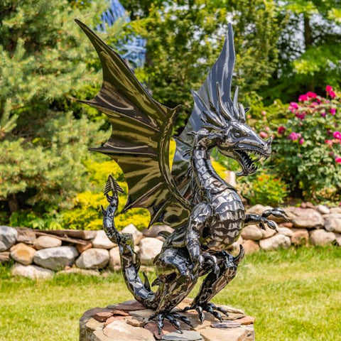 Ferocious Metal Dragon Statue Standing Upright "Tarragon" 44" Tall