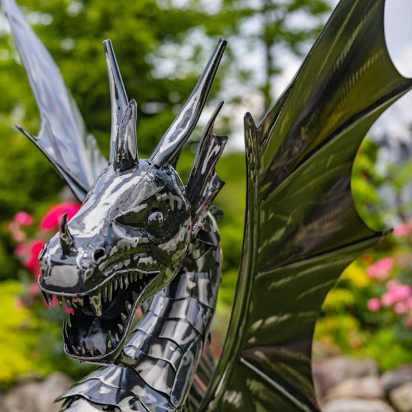 Ferocious Metal Dragon Statue Standing Upright "Tarragon" 44" Tall