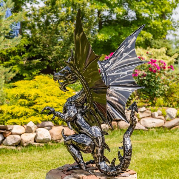Ferocious Metal Dragon Statue Standing Upright "Tarragon" 44" Tall