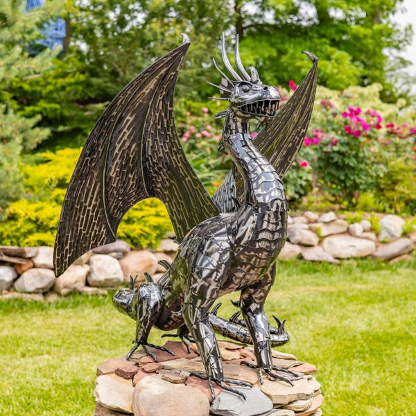 Iron Metal Dragon Sentry Statue "Spike" 39.5" Tall