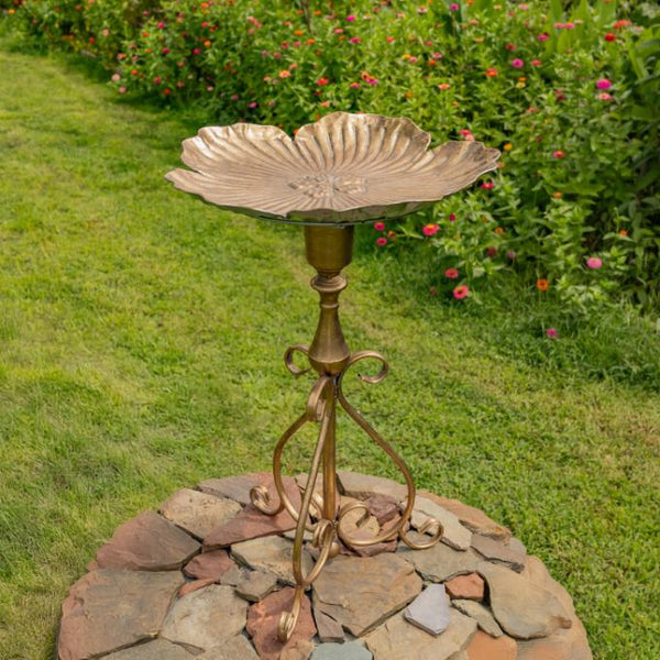 Gold Birdbath-Feeder with Ornate Stand 30.3" Tall