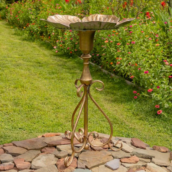 Gold Birdbath-Feeder with Ornate Stand 30.3" Tall