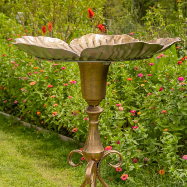 Gold Birdbath-Feeder with Ornate Stand 30.3" Tall
