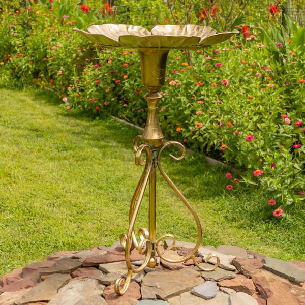 Gold Birdbath-Feeder with Ornate Stand 30.3" Tall