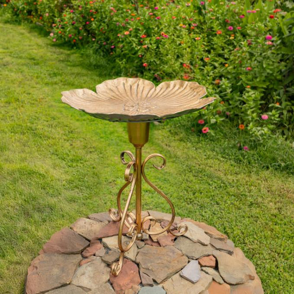 Gold Flower-Shaped Metal Birdbath-Feeder 24.2" Tall