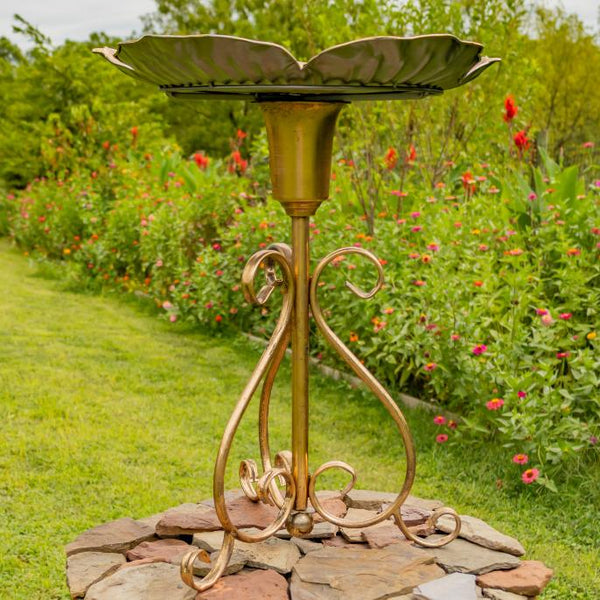Gold Flower-Shaped Metal Birdbath-Feeder 24.2" Tall