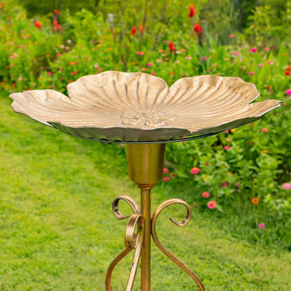 Gold Flower-Shaped Metal Birdbath-Feeder 24.2" Tall