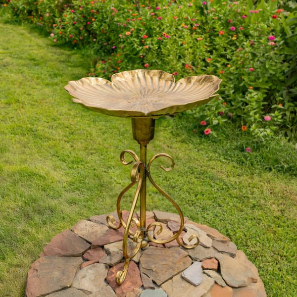 Gold Flower-Shaped Metal Birdbath-Feeder 24.2" Tall
