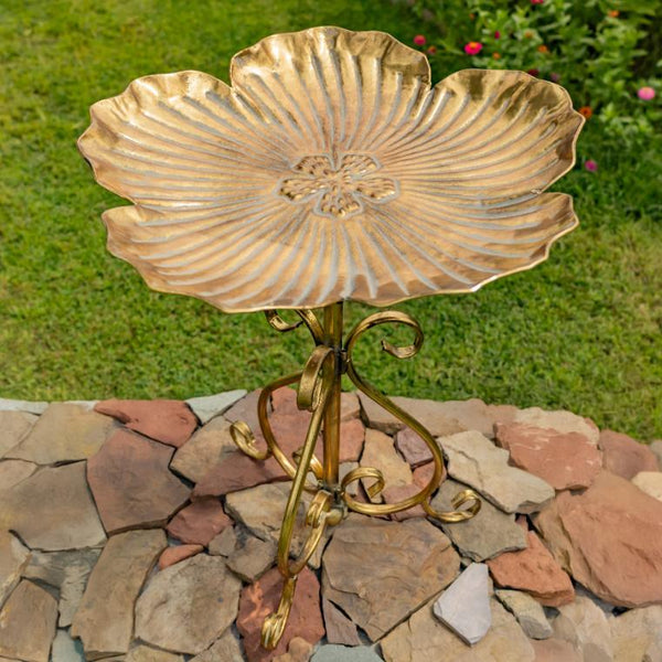 Gold Flower-Shaped Metal Birdbath-Feeder 24.2" Tall