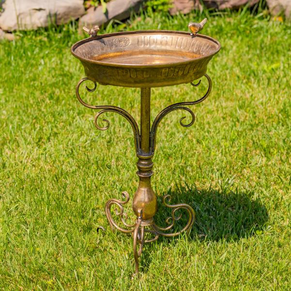 Gold Birdbath-Feeder Basin with Ornate Stand 25.4" Tall