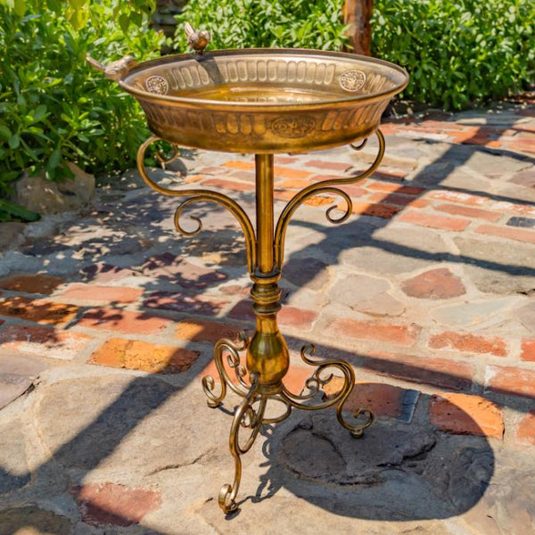 Gold Birdbath-Feeder Basin with Ornate Stand 25.4" Tall