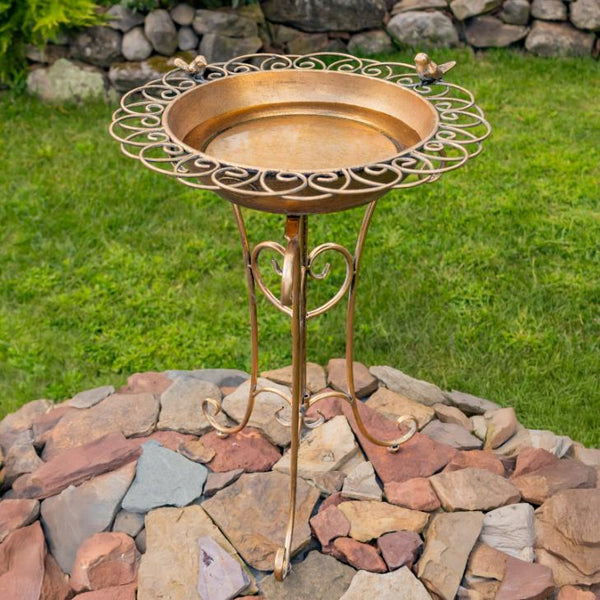 Gold Birdbath-Feeder with Decorative Trim 26.6" Tall