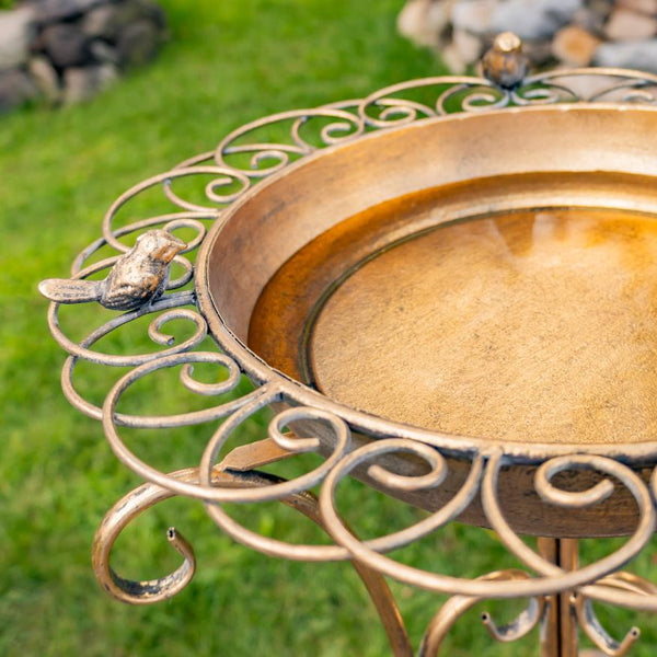 Gold Birdbath-Feeder with Decorative Trim 26.6" Tall