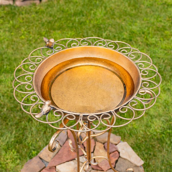 Gold Birdbath-Feeder with Decorative Trim 26.6" Tall