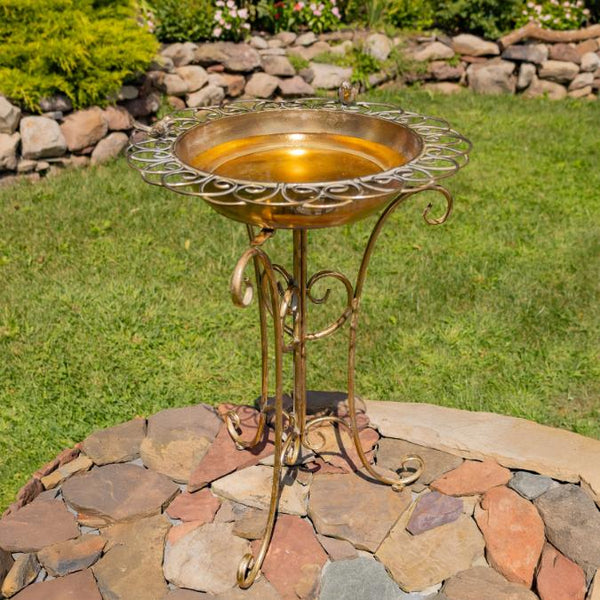 Gold Birdbath-Feeder with Decorative Trim 26.6" Tall