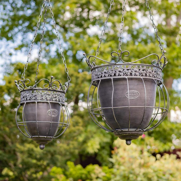 Set of 2 Assorted Hanging Ornate Metal Basket Planters "Riordan"