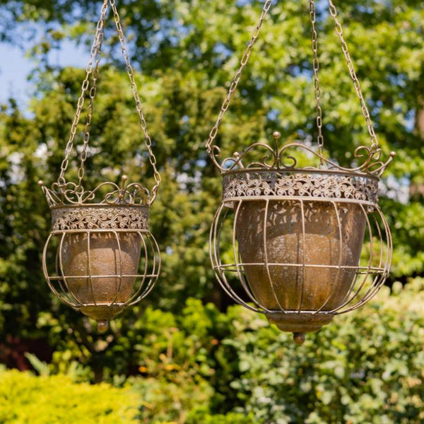 Set of 2 Assorted Hanging Ornate Metal Basket Planters "Riordan"