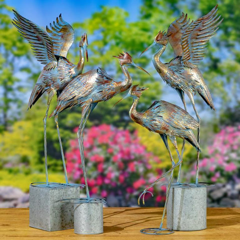 Set of 4 Assorted Great Blue Heron Metal Garden Figurines
