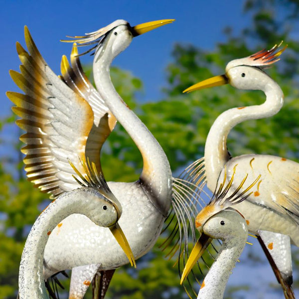 Set of 4 Assorted Great White Heron Metal Garden Figurines