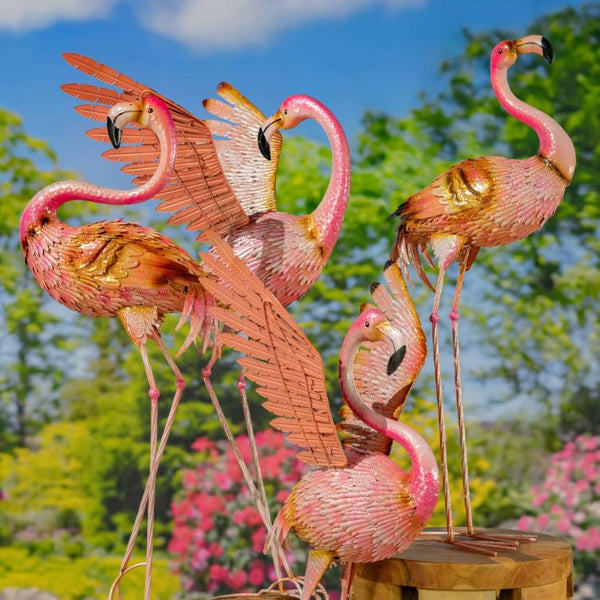 Set of 4 Assorted Elegant Metal Flamingo Garden Figurines