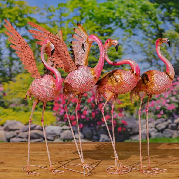 Set of 4 Assorted Elegant Metal Flamingo Garden Figurines