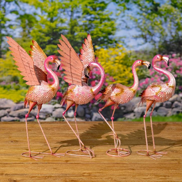 Set of 4 Assorted Elegant Metal Flamingo Garden Figurines "Florida Keys"